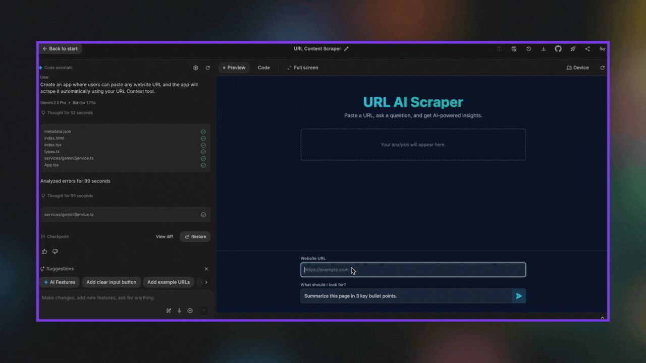 Build a mini app that scrapes any website URL automatically with Google AI Studio - guides resource for General